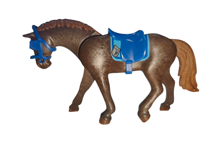 Playmobil 30 64 7734 Dark Brown Polizei Horse Sporthorse with blue blanket and 30 02 6392 Blue Horse saddle 6875