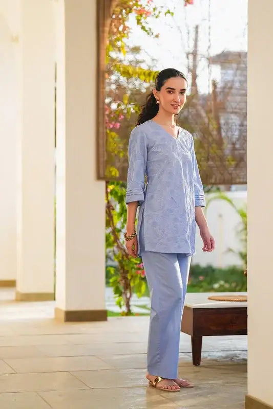 Powder Blue Whisper Embroidered Cotton Co-ord Set