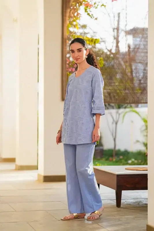 Powder Blue Whisper Embroidered Cotton Co-ord Set