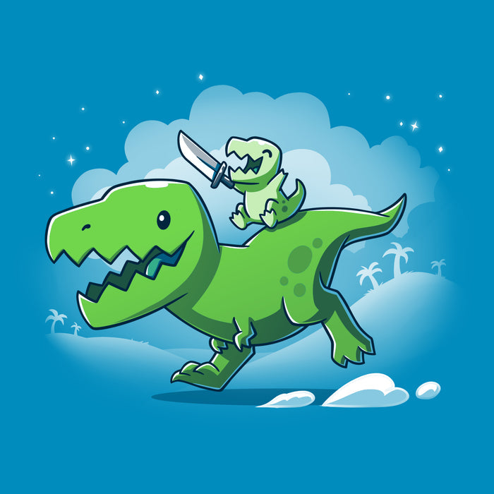Premium Cotton T-shirt_Teeturtle cobalt blue Prehistoric Playtime apparel featuring a tiny t-rex holding a sword, riding on the back of a larger t-rex.