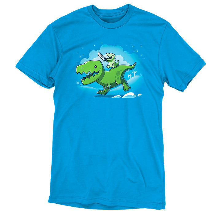 Premium Cotton T-shirt_Teeturtle cobalt blue Prehistoric Playtime apparel featuring a tiny t-rex holding a sword, riding on the back of a larger t-rex.
