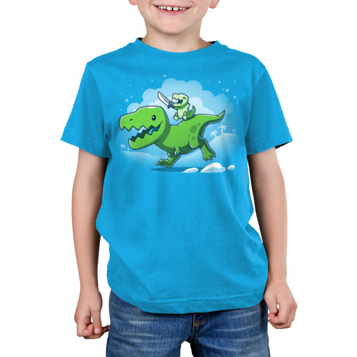 Premium Cotton T-shirt_Teeturtle cobalt blue Prehistoric Playtime apparel featuring a tiny t-rex holding a sword, riding on the back of a larger t-rex.