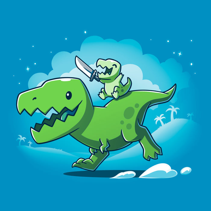 Classic Cotton T-shirt_Teeturtle sapphire blue Prehistoric Playtime apparel featuring a tiny t-rex holding a sword, riding on the back of a larger t-rex.