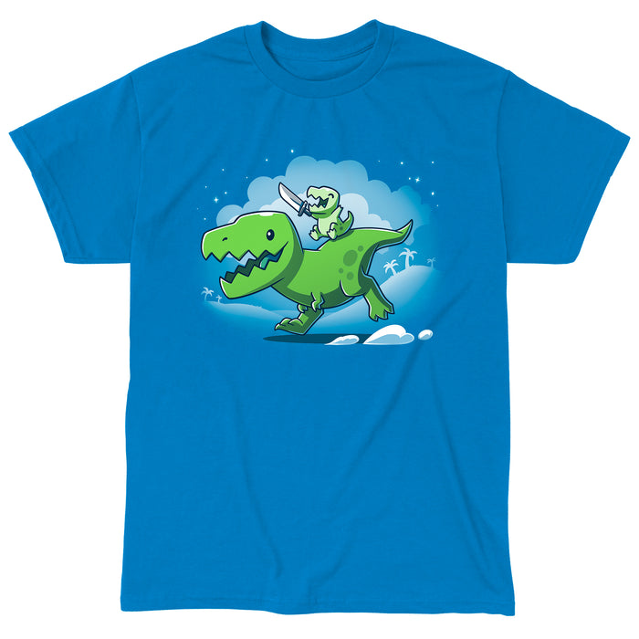 Classic Cotton T-shirt_Teeturtle sapphire blue Prehistoric Playtime apparel featuring a tiny t-rex holding a sword, riding on the back of a larger t-rex.