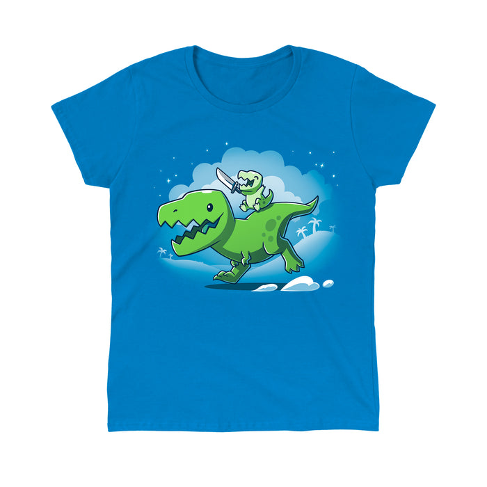 Classic Cotton T-shirt_Teeturtle sapphire blue Prehistoric Playtime apparel featuring a tiny t-rex holding a sword, riding on the back of a larger t-rex.