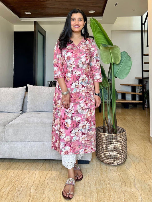 Premium V-Neck Kurta - Pink