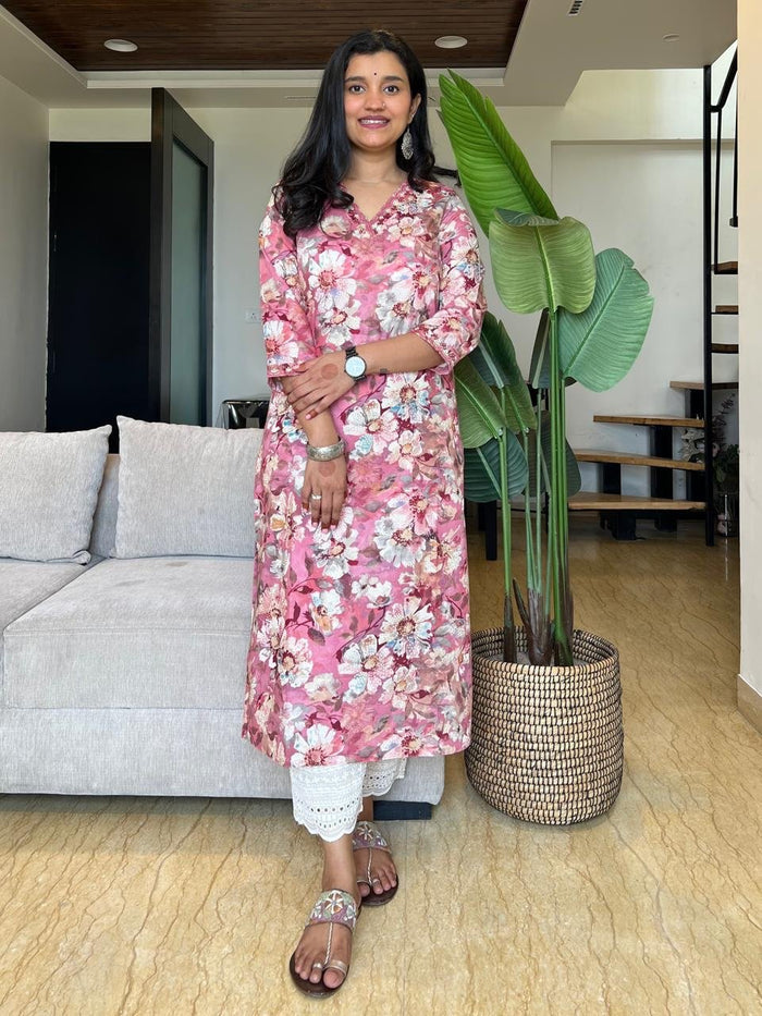 Premium V-Neck Kurta - Pink