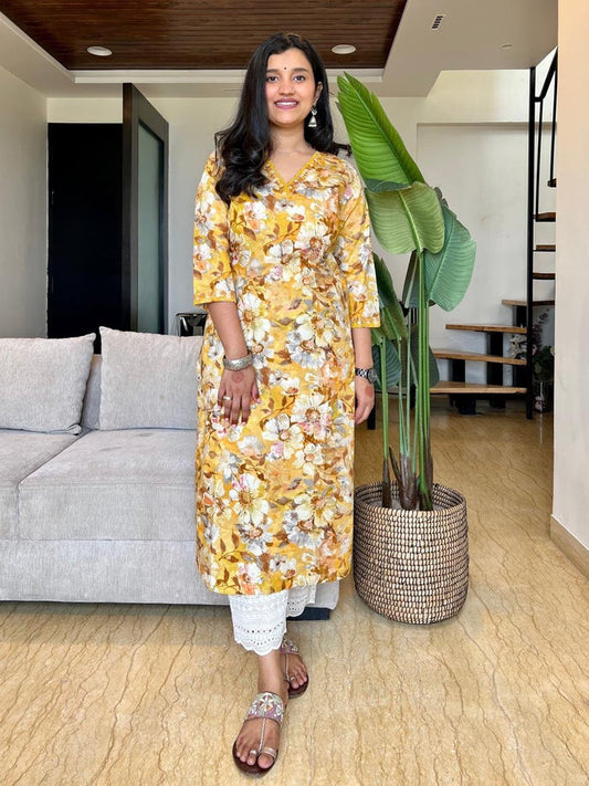 Premium V-Neck Kurta- Yellow