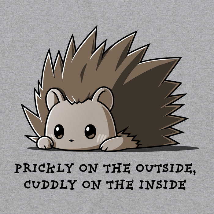 Classic Cotton T-shirt_TeeTurtle Prickly On The Outside, Cuddly On The Inside Monday heather gray t-shirt featuring an adorable little cartoon porcupine with the words 'prickly on the outside, cuddly on the inside.' written beneath.