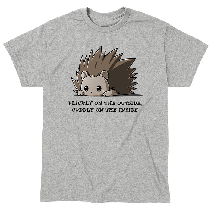 Classic Cotton T-shirt_TeeTurtle Prickly On The Outside, Cuddly On The Inside Monday heather gray t-shirt featuring an adorable little cartoon porcupine with the words 'prickly on the outside, cuddly on the inside.' written beneath.