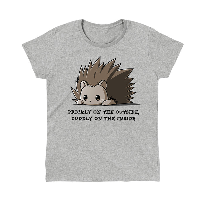 Classic Cotton T-shirt_TeeTurtle Prickly On The Outside, Cuddly On The Inside Monday heather gray t-shirt featuring an adorable little cartoon porcupine with the words 'prickly on the outside, cuddly on the inside.' written beneath.