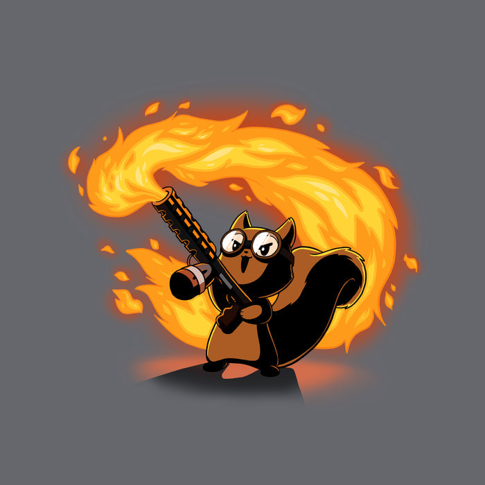 Classic Cotton T-shirt_TeeTurtle Pyromaniac Squirrel charcoal gray t-shirt featuring a cute fantasy squirrel in goggles gleefully wielding a flamethrower.