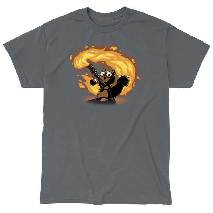 Classic Cotton T-shirt_TeeTurtle Pyromaniac Squirrel charcoal gray t-shirt featuring a cute fantasy squirrel in goggles gleefully wielding a flamethrower.