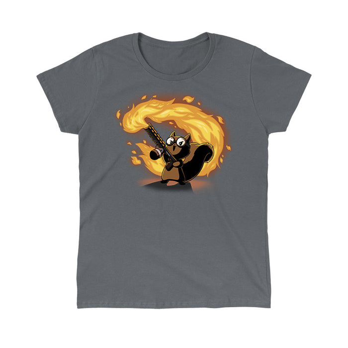 Classic Cotton T-shirt_TeeTurtle Pyromaniac Squirrel charcoal gray t-shirt featuring a cute fantasy squirrel in goggles gleefully wielding a flamethrower.