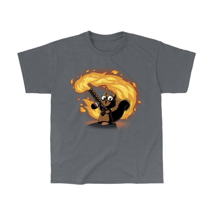Classic Cotton T-shirt_TeeTurtle Pyromaniac Squirrel charcoal gray t-shirt featuring a cute fantasy squirrel in goggles gleefully wielding a flamethrower.