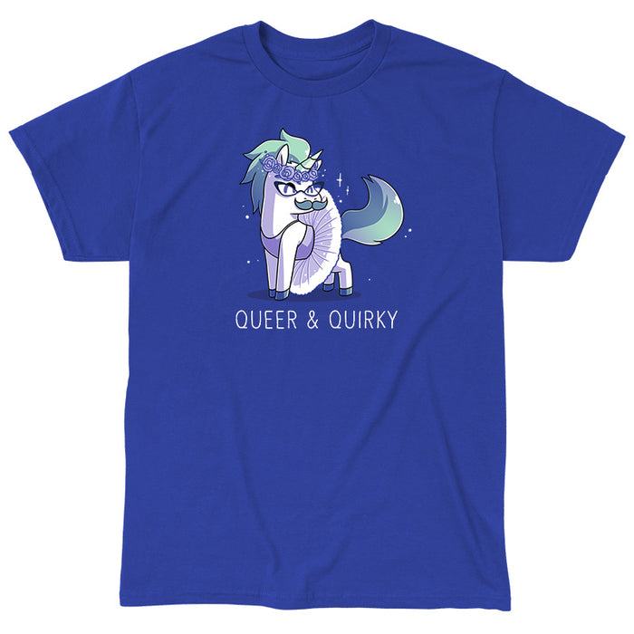 Classic Cotton T-shirt_Teeturtle Queer and Quirky Royal Blue Featuring a sparkling unicorn in a tutu and a crown of roses wearing glasses and sporting a moustache with the image above the words 'Queer and Quirky'.