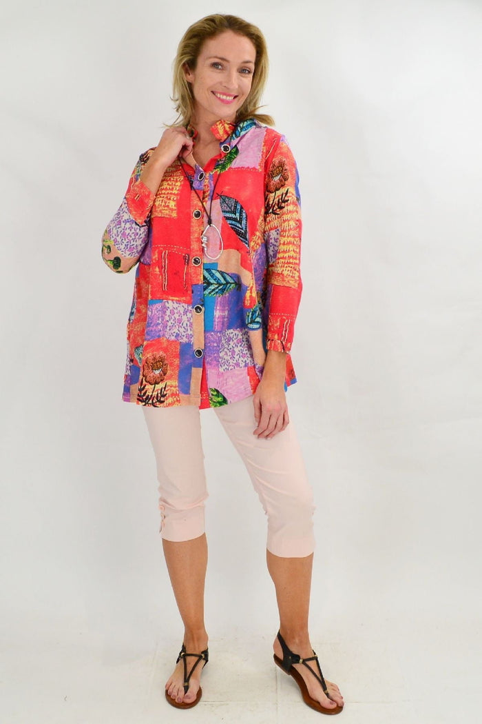 Quilted pocket high collar tunic shirt by Ruby Rain, featuring a stylish design with a high collar and front pockets.