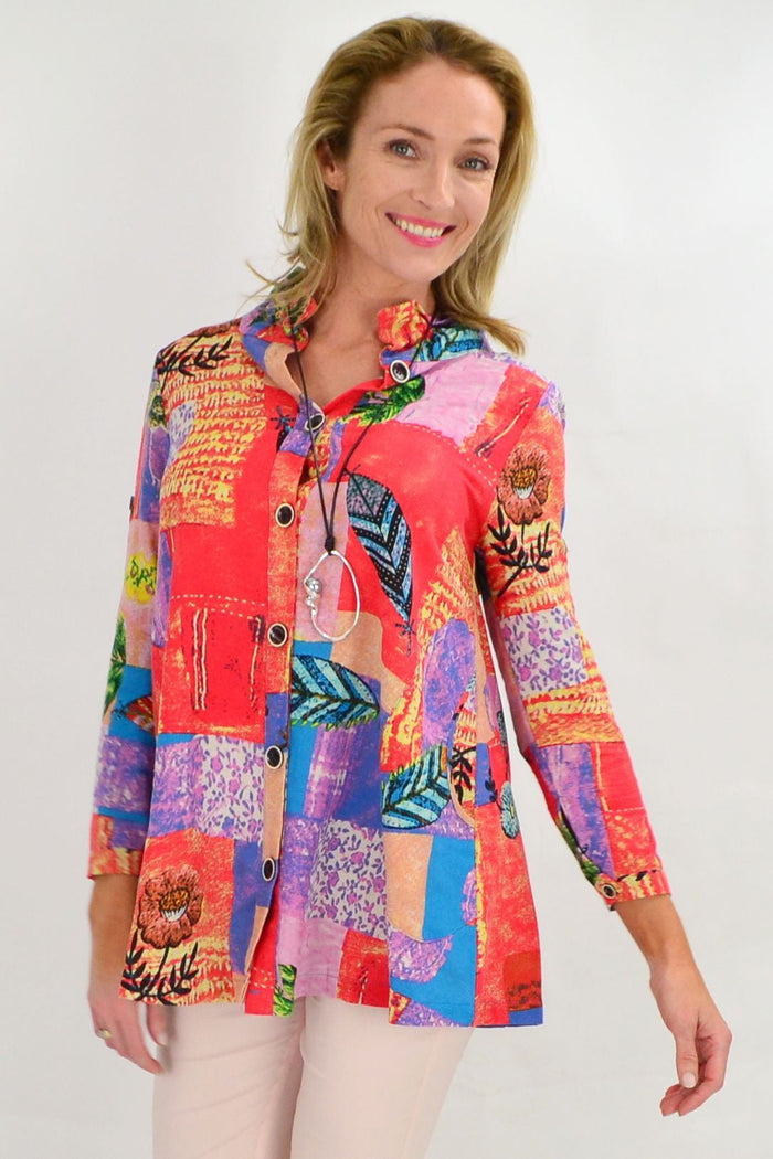 Ruby Rain quilted pocket high collar tunic shirt, shown in a close-up image highlighting the textured fabric and stylish design.