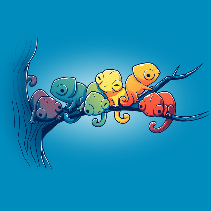 Premium Cotton T-shirt_Teeturtle cobalt blue Rainbow Chameleons apparel featuring a group of six chameleons sitting on a tree branch, each a different color, in rainbow gradient.