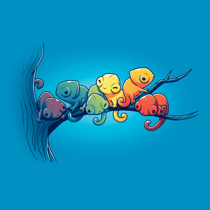 Classic Cotton T-shirt_Teeturtle sapphire blue Rainbow Chameleons apparel featuring a group of six chameleons sitting on a tree branch, each a different color, in rainbow gradient.