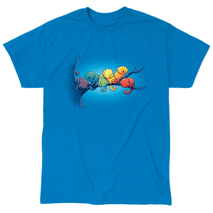 Classic Cotton T-shirt_Teeturtle sapphire blue Rainbow Chameleons apparel featuring a group of six chameleons sitting on a tree branch, each a different color, in rainbow gradient.