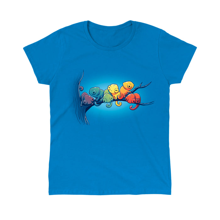 Classic Cotton T-shirt_Teeturtle sapphire blue Rainbow Chameleons apparel featuring a group of six chameleons sitting on a tree branch, each a different color, in rainbow gradient.