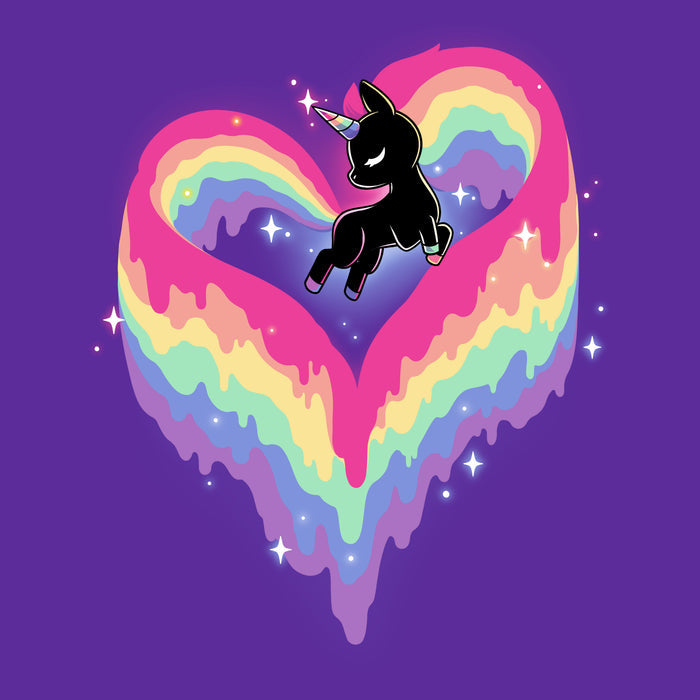 Premium Cotton T-shirt_TeeTurtle purple Rainbow Paint Unicorn apparel  featuring a unicorn with a rainbow tail and mane made of dripping rainbow paint, forming the shape of a heart.