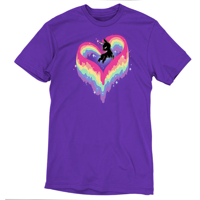 Premium Cotton T-shirt_TeeTurtle purple Rainbow Paint Unicorn apparel  featuring a unicorn with a rainbow tail and mane made of dripping rainbow paint, forming the shape of a heart.