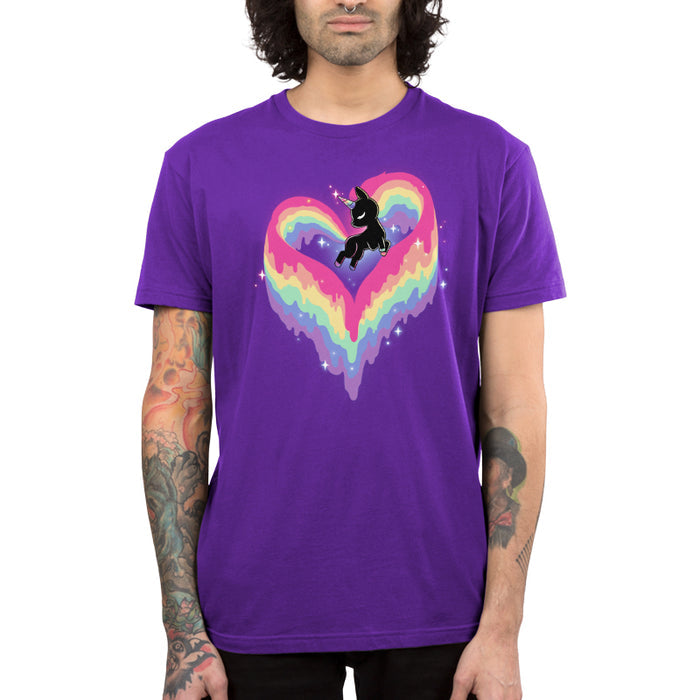 Premium Cotton T-shirt_TeeTurtle purple Rainbow Paint Unicorn apparel  featuring a unicorn with a rainbow tail and mane made of dripping rainbow paint, forming the shape of a heart.