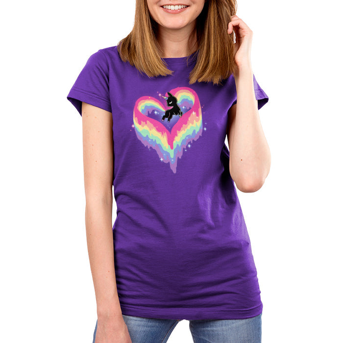 Premium Cotton T-shirt_TeeTurtle purple Rainbow Paint Unicorn apparel  featuring a unicorn with a rainbow tail and mane made of dripping rainbow paint, forming the shape of a heart.