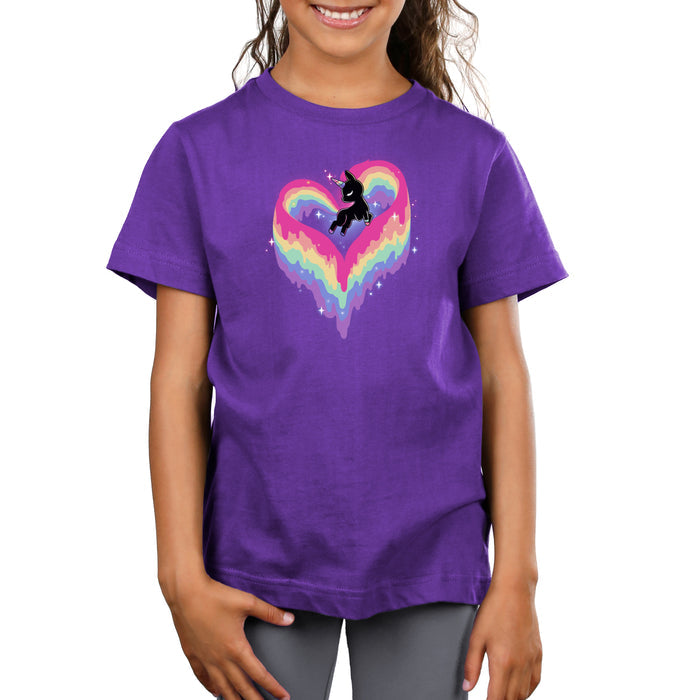 Premium Cotton T-shirt_TeeTurtle purple Rainbow Paint Unicorn apparel  featuring a unicorn with a rainbow tail and mane made of dripping rainbow paint, forming the shape of a heart.