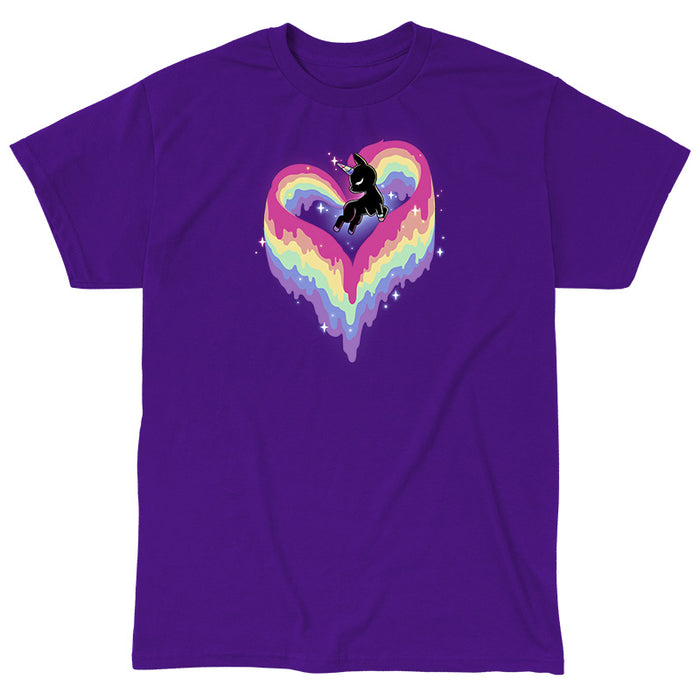 Classic Cotton T-shirt_TeeTurtle purple Rainbow Paint Unicorn apparel  featuring a unicorn with a rainbow tail and mane made of dripping rainbow paint, forming the shape of a heart.