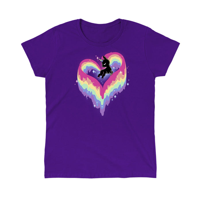 Classic Cotton T-shirt_TeeTurtle purple Rainbow Paint Unicorn apparel  featuring a unicorn with a rainbow tail and mane made of dripping rainbow paint, forming the shape of a heart.