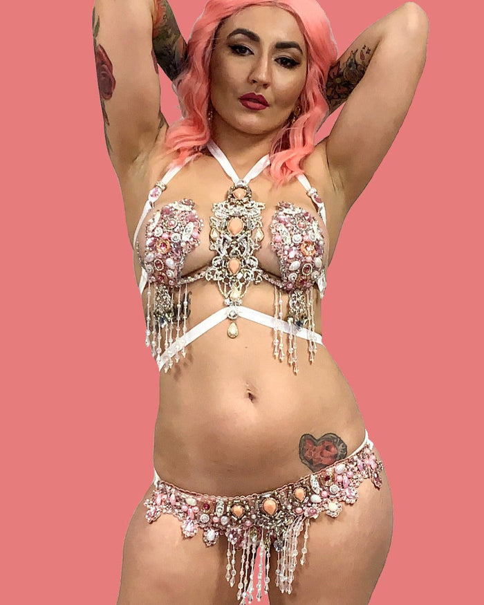 Ready to Ship 32/34 B/C - Pale Pink Rhinestone Samba Carnival theme Bikini Dance Fitness Comp Rave