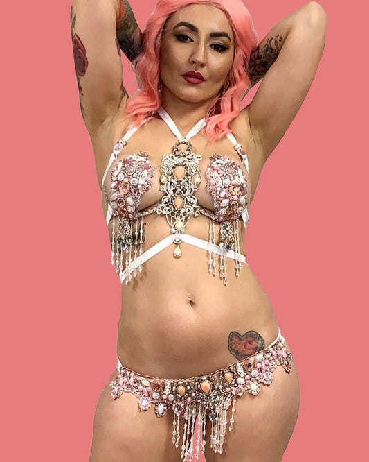 Ready to Ship 32/34 B/C - Pale Pink Rhinestone Samba Carnival theme Bikini Dance Fitness Comp Rave
