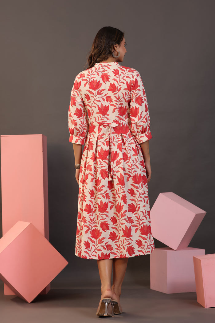 Red florals on white Midi Cotton Flex Dress