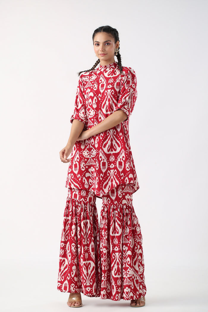 Red Ikat Print Russian Silk Co-ord set
