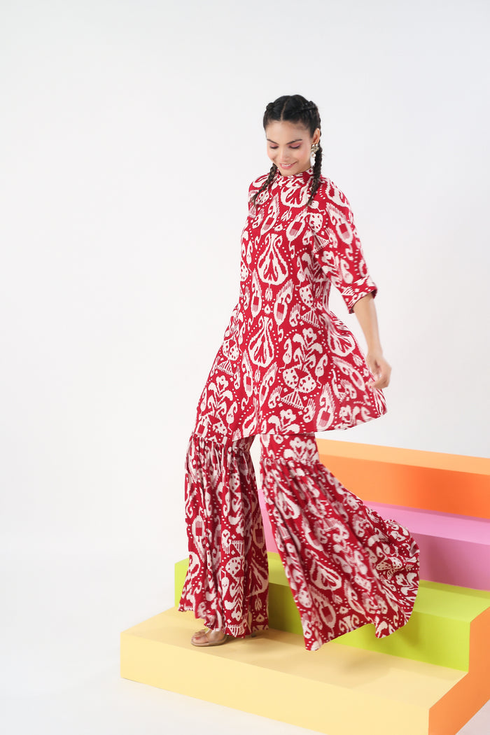 Red Ikat Print Russian Silk Co-ord set