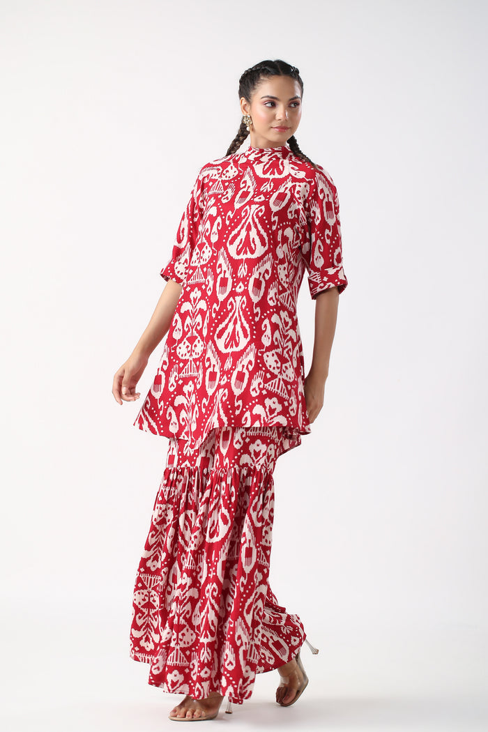 Red Ikat Print Russian Silk Co-ord set