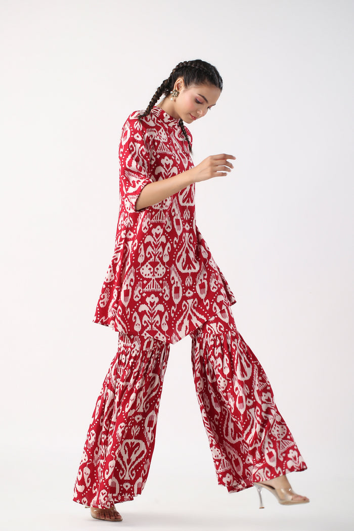 Red Ikat Print Russian Silk Co-ord set