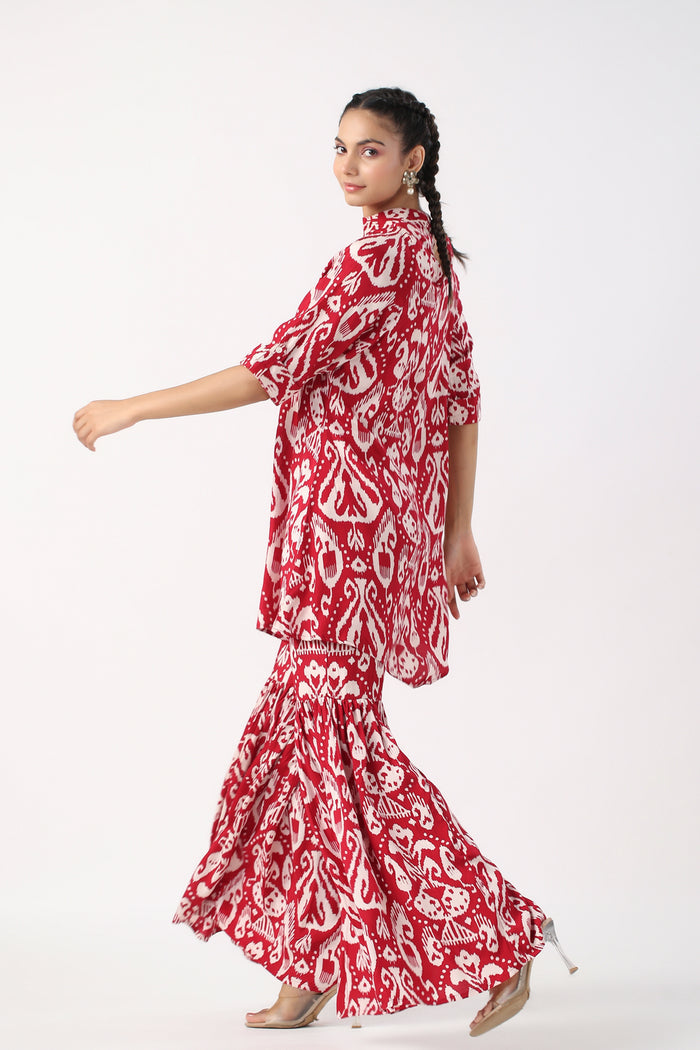 Red Ikat Print Russian Silk Co-ord set