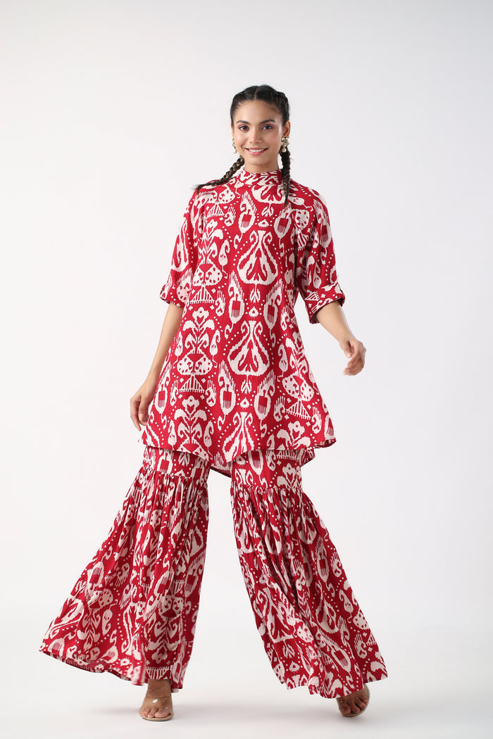 Red Ikat Print Russian Silk Co-ord set