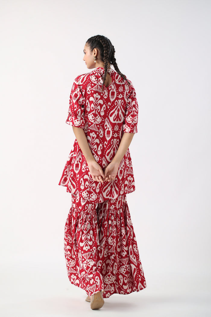 Red Ikat Print Russian Silk Co-ord set
