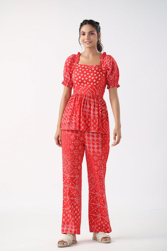 Retro Bhandani Red Cotton Co-ord Set