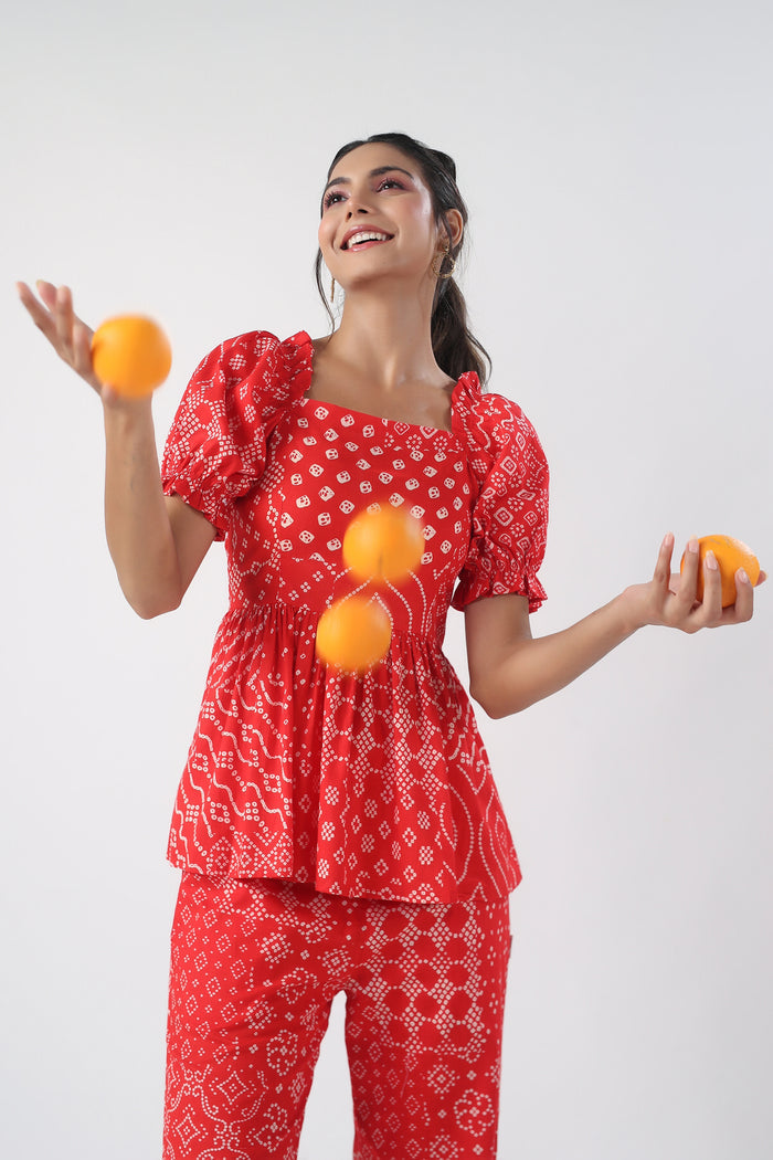 Retro Bhandani Red Cotton Co-ord Set