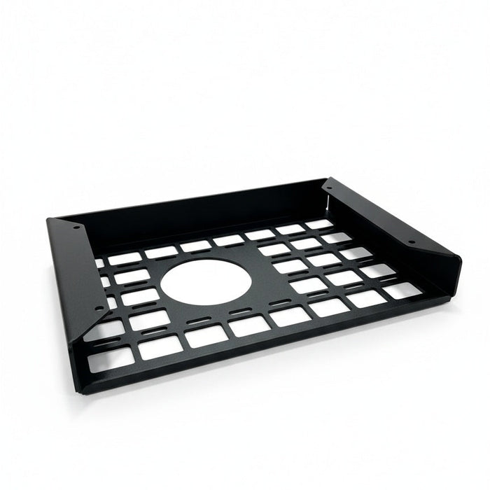 Revel undercabinet shelf with black metal grid design and circular cutout in center