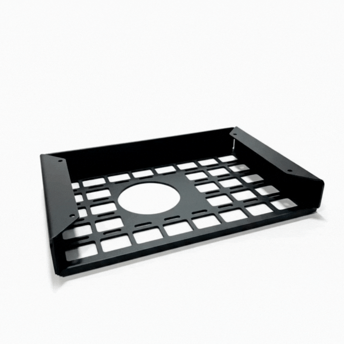 Revel undercabinet shelf with open grid design and circular cutout shown on white background