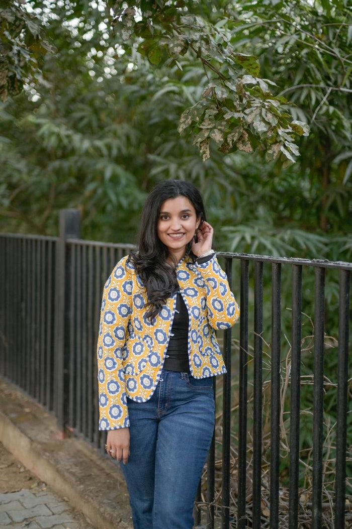 Reversible Quilted Short Jacket- Fun Yellow Flowers