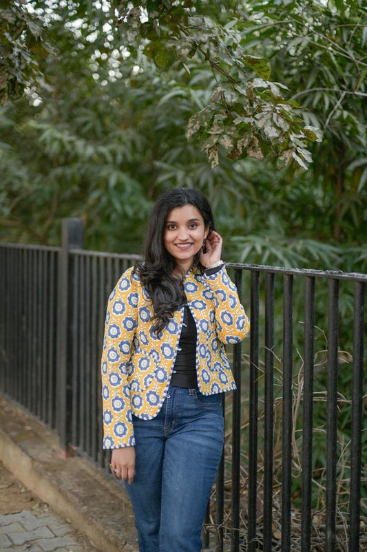 Reversible Quilted Short Jacket- Fun Yellow Flowers