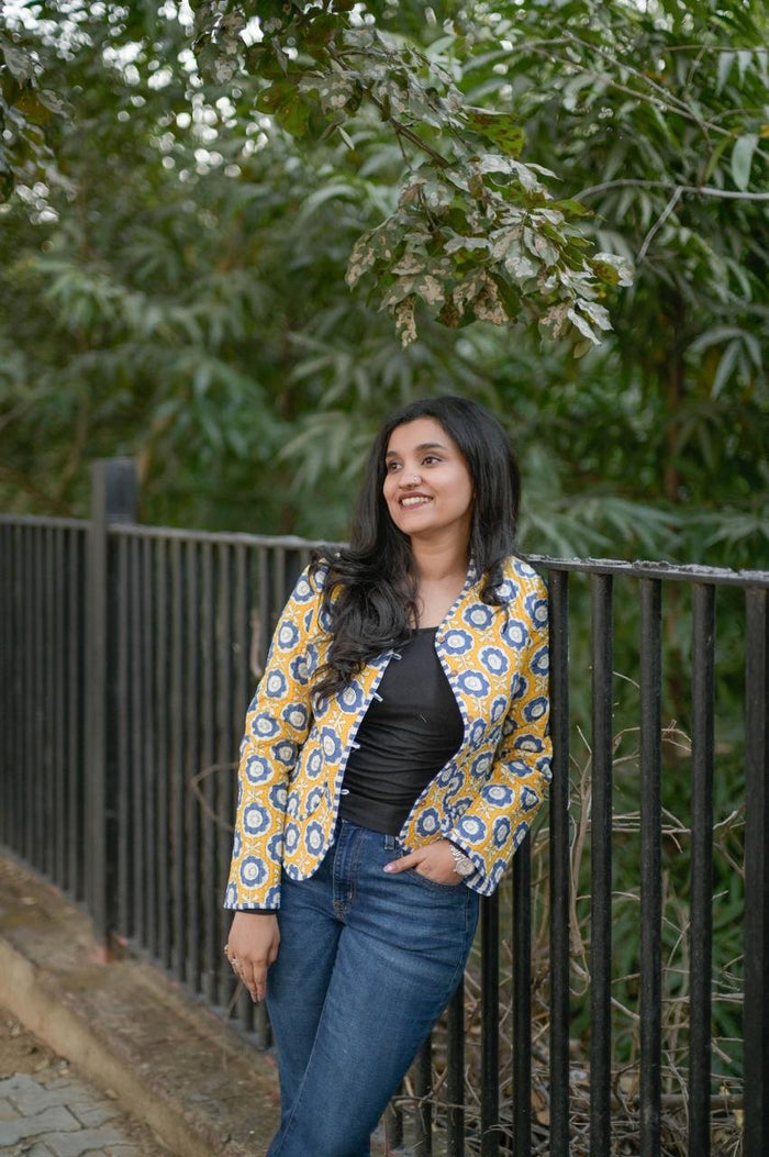 Reversible Quilted Short Jacket- Fun Yellow Flowers